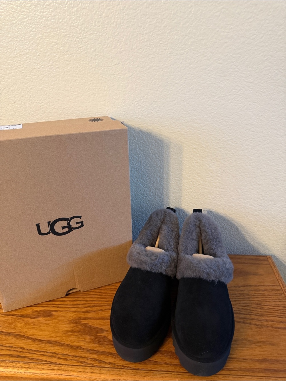 UGG Nita Platform Slippers in the Black/Grey colorway
